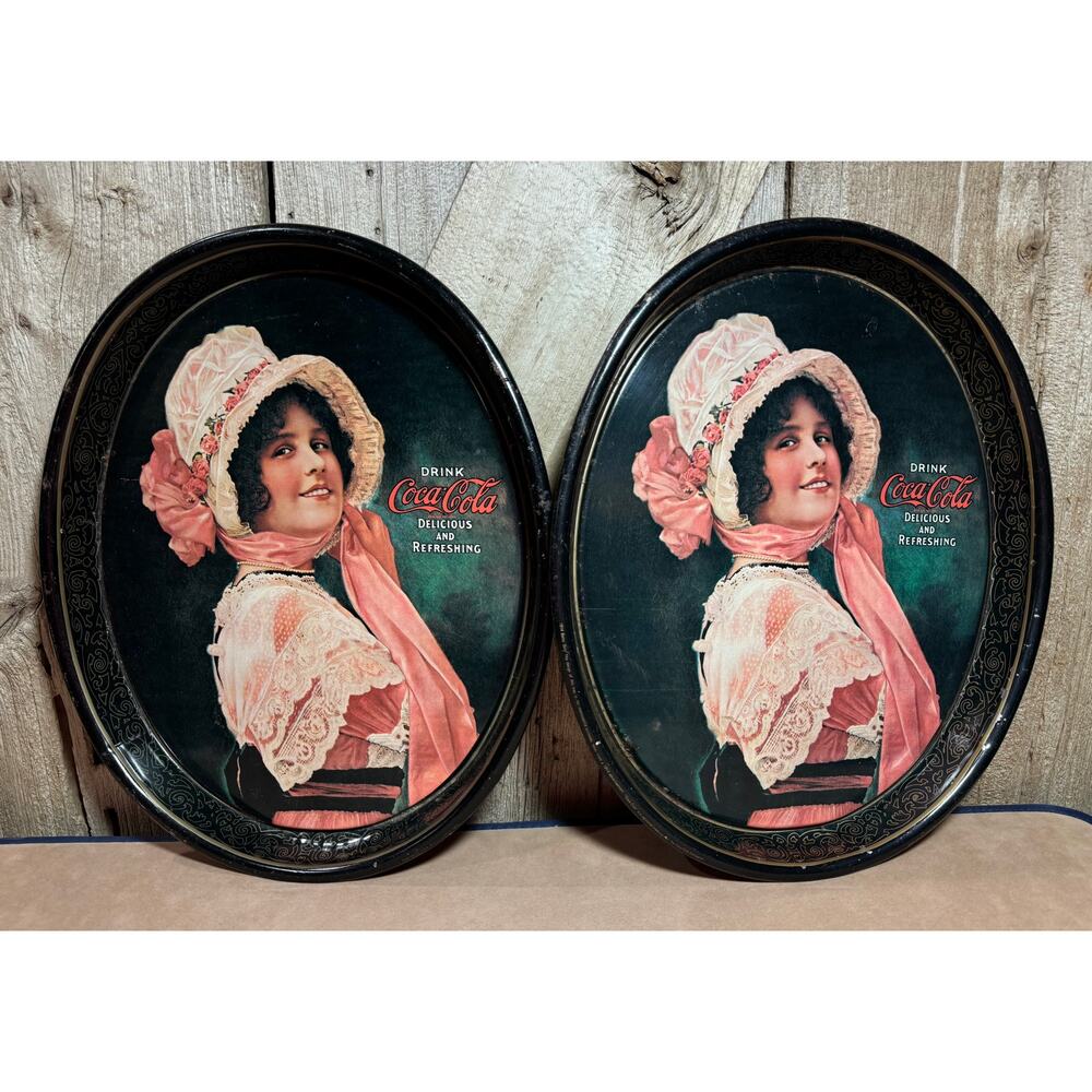 Set of 2 Vintage Coca-Cola 1972 Metal Oval Serving Tray w/ 1914 Betty Girl